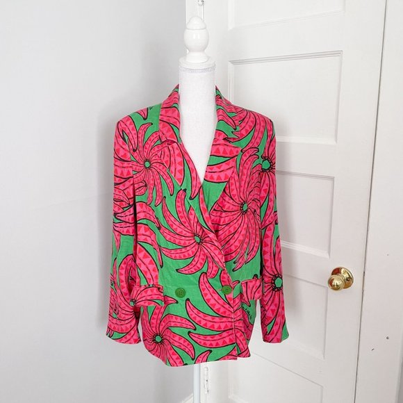 FARM Rio Jackets & Blazers - Farm Rio Linen Blazer Jacket Womens Size Small Pink Green Banana Pitta Oversized